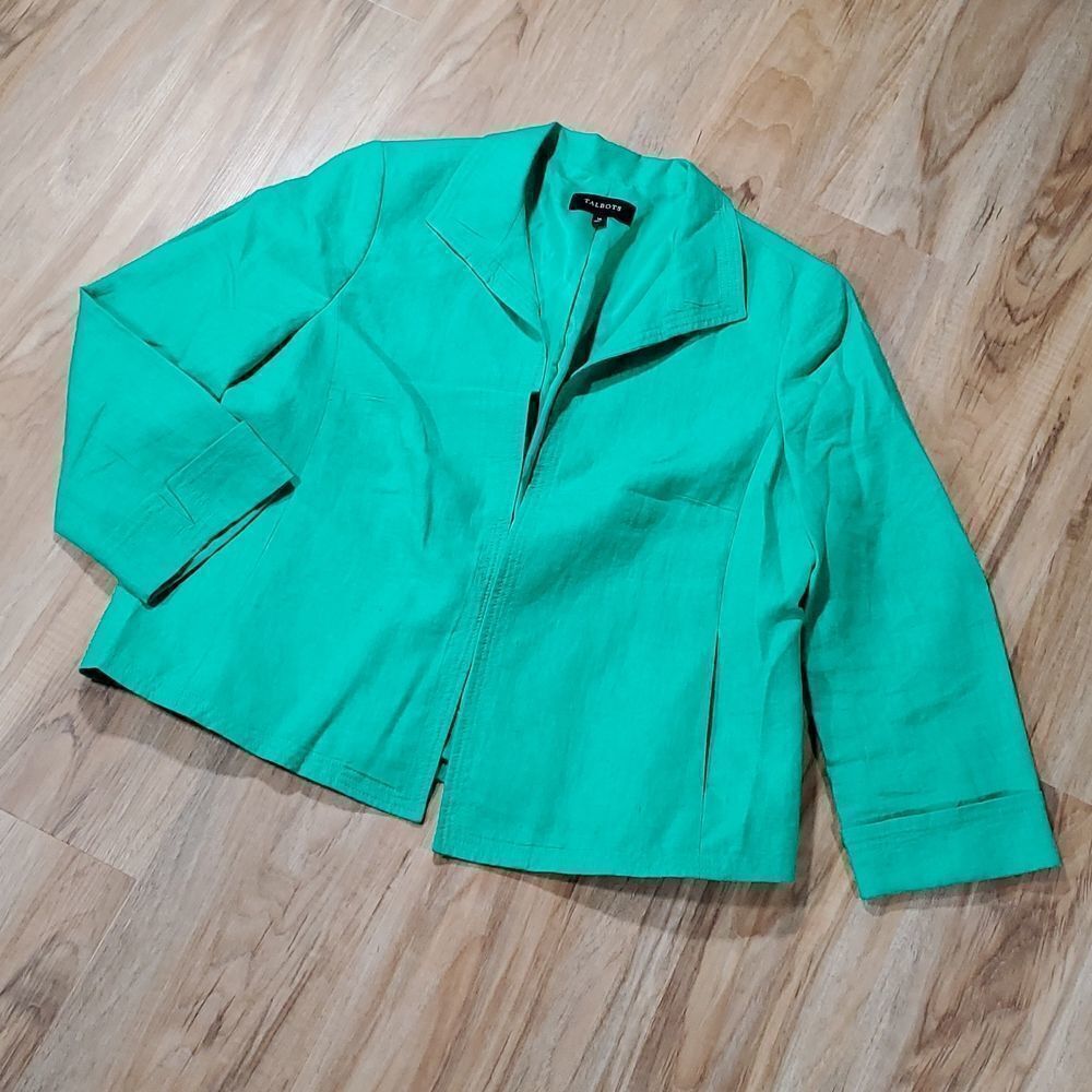 🔹️Talbots Green Linen Lightweight Open Front Blazer Size 14